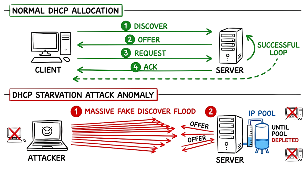 A step-by-step packet flow diagram detailing the DHCP Starvation Attack Explained mechanism.