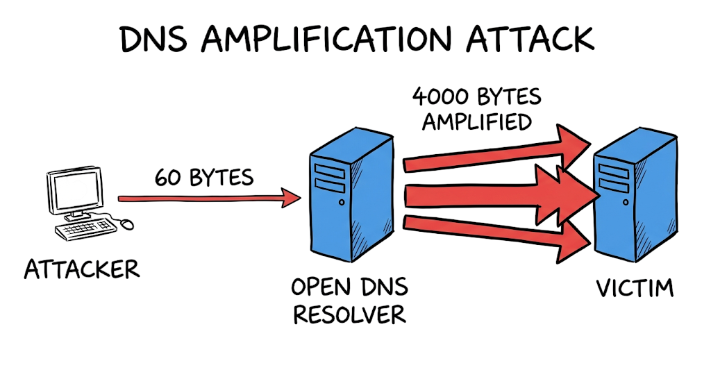 A hand drawn diagram showing a DNS amplification attack where a small request creates a massive response.