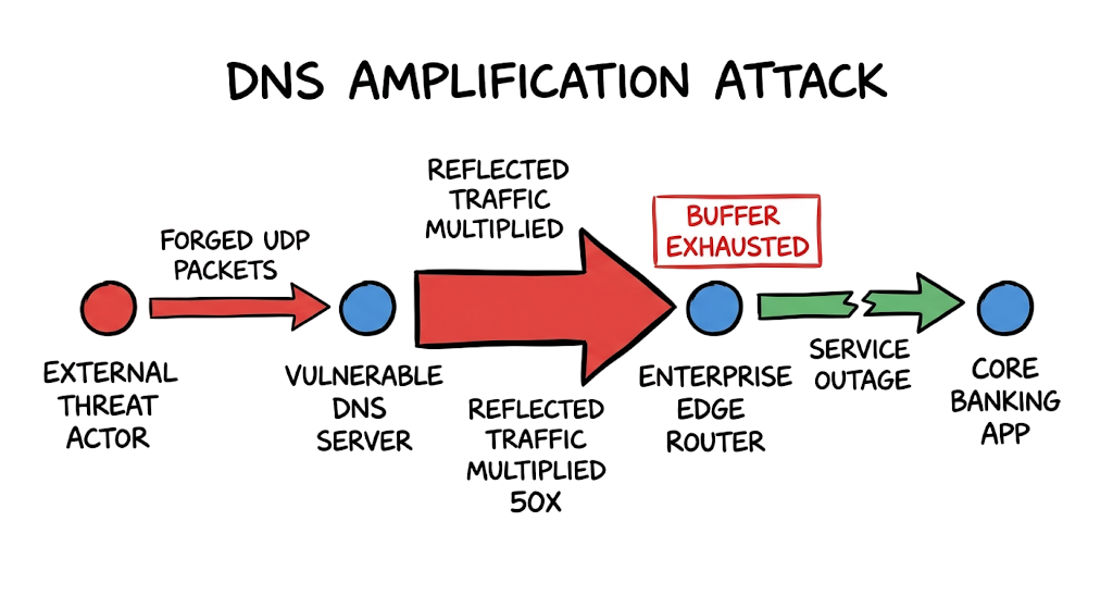 An attack scenario demonstrating how a DNS amplification attack exhausts router buffers and causes outages.