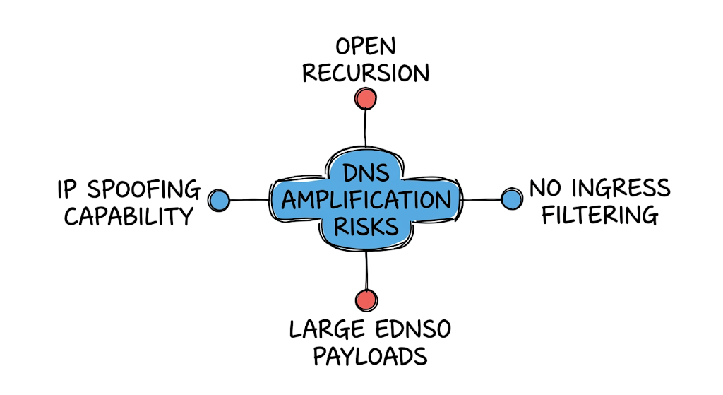 A radial threat map identifying the primary vulnerabilities enabling a DNS amplification attack.