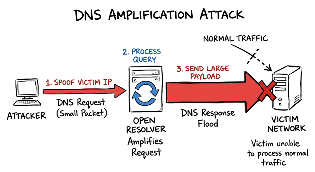A numbered sequence detailing the traffic flow during a DNS amplification attack.