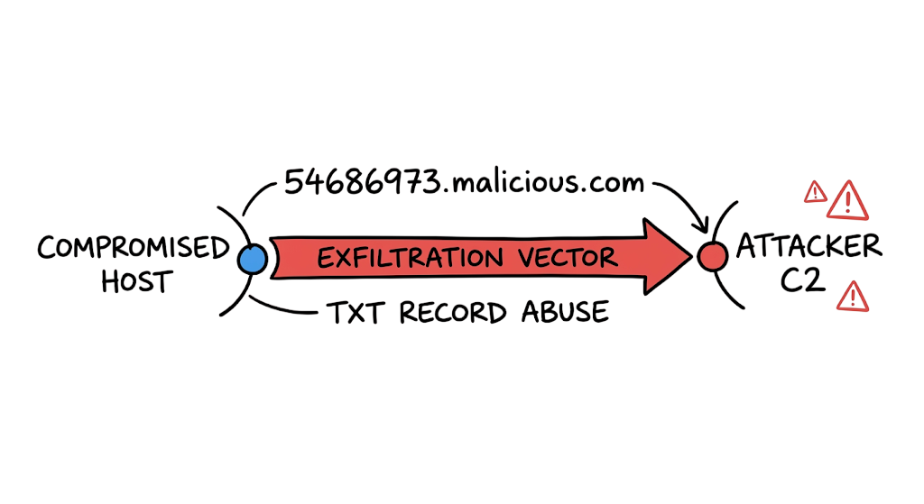 Attack scenario diagram illustrating how an adversary uses DNS tunneling for data exfiltration.