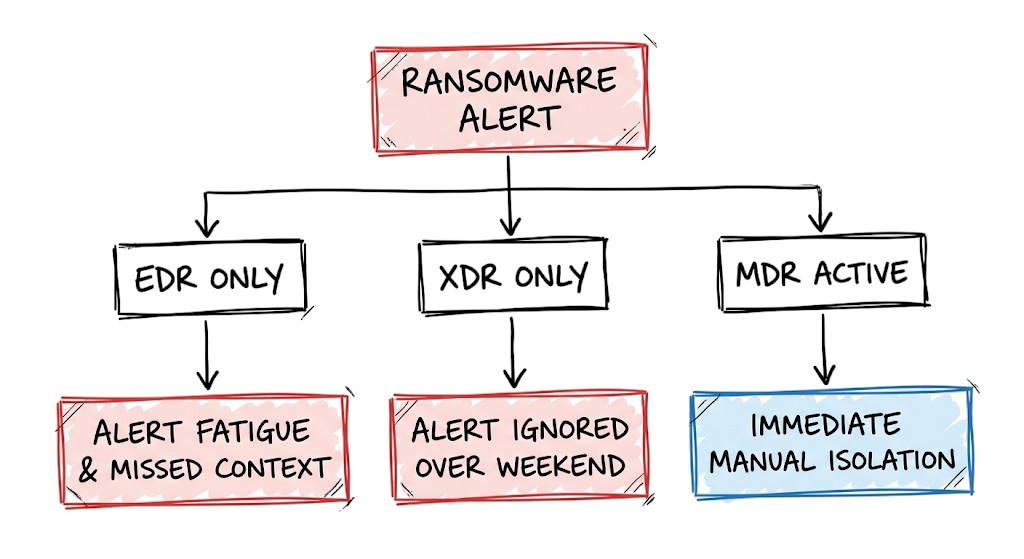 Flowchart illustrating operational failure points in EDR vs XDR vs MDR configurations during a ransomware event.