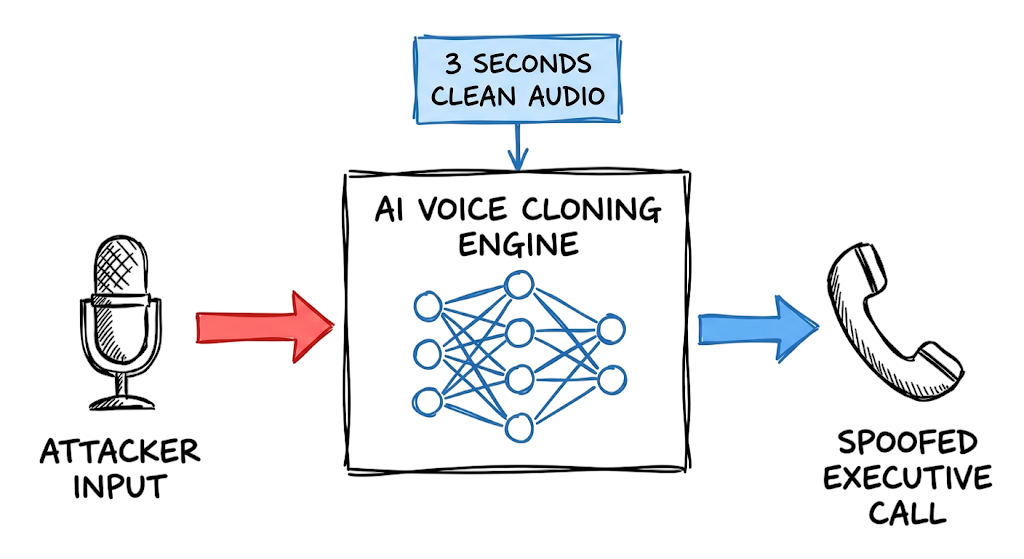 Hand drawn diagram explaining how deepfake voice cloning scams work using a neural network engine.