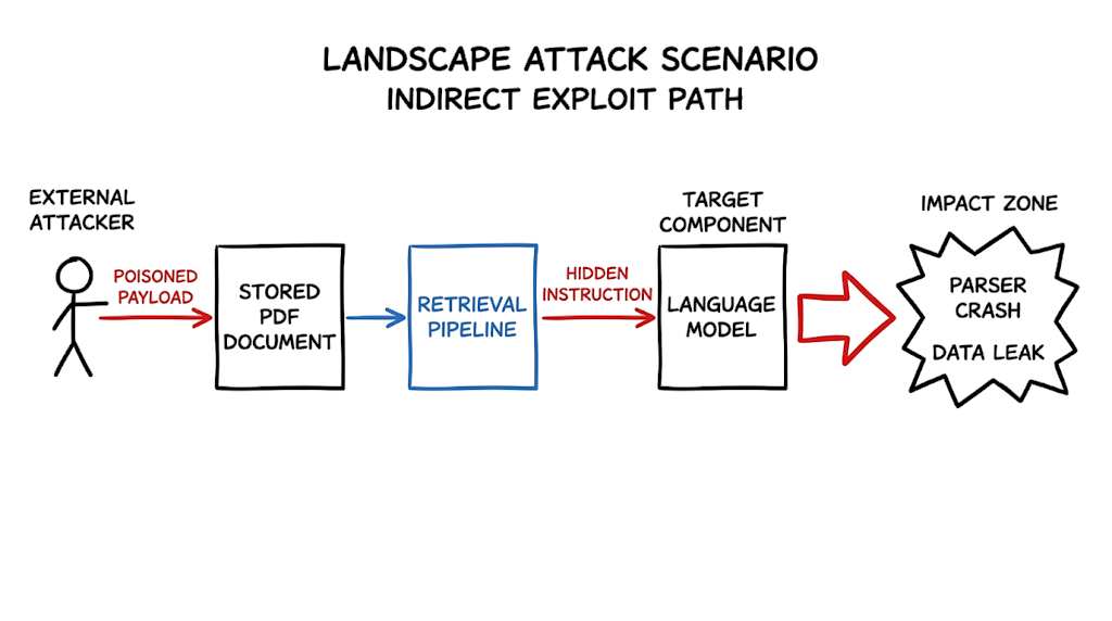 A visual attack scenario detailing how indirect injection attacks exploit document retrieval pipelines.