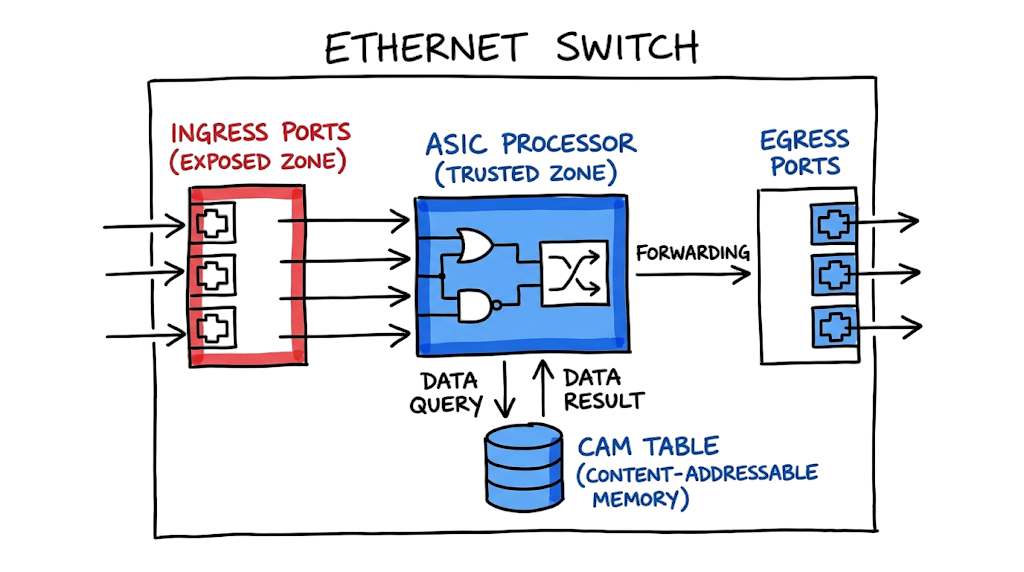 Diagram detailing the internal architecture of a switch to help get the MAC flooding attack explained.