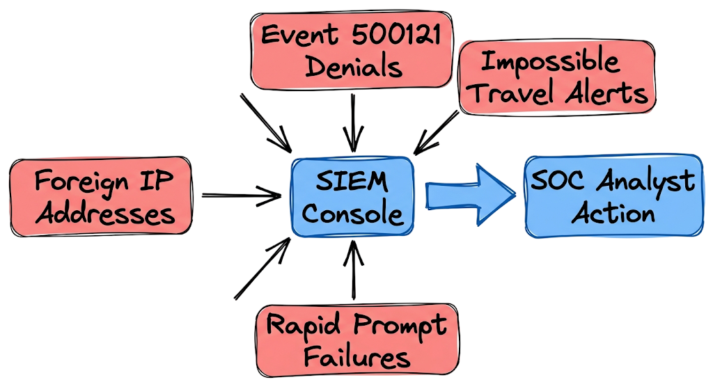 Detection map showing SIEM alerts and indicators to identify an active MFA fatigue attack.