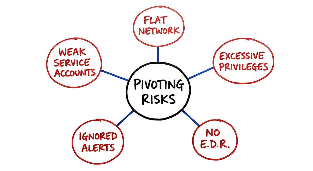 A threat map highlighting common enterprise vulnerabilities that enable network pivoting techniques used by attackers.