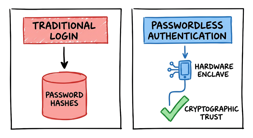 High-level comparison showing how passwordless authentication replaces vulnerable password hashes with cryptographic trust.
