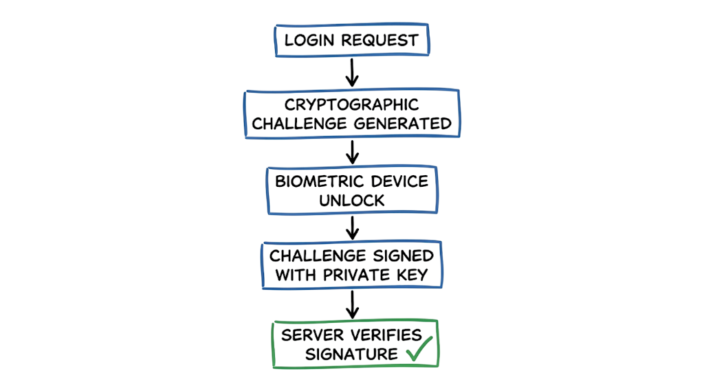The step-by-step cryptographic sequence of a passwordless login challenge and response.