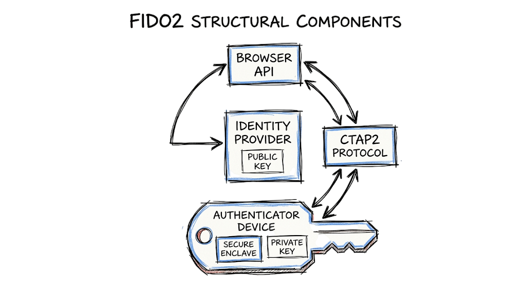 Structural diagram of FIDO2 components utilized in enterprise passwordless authentication deployments.