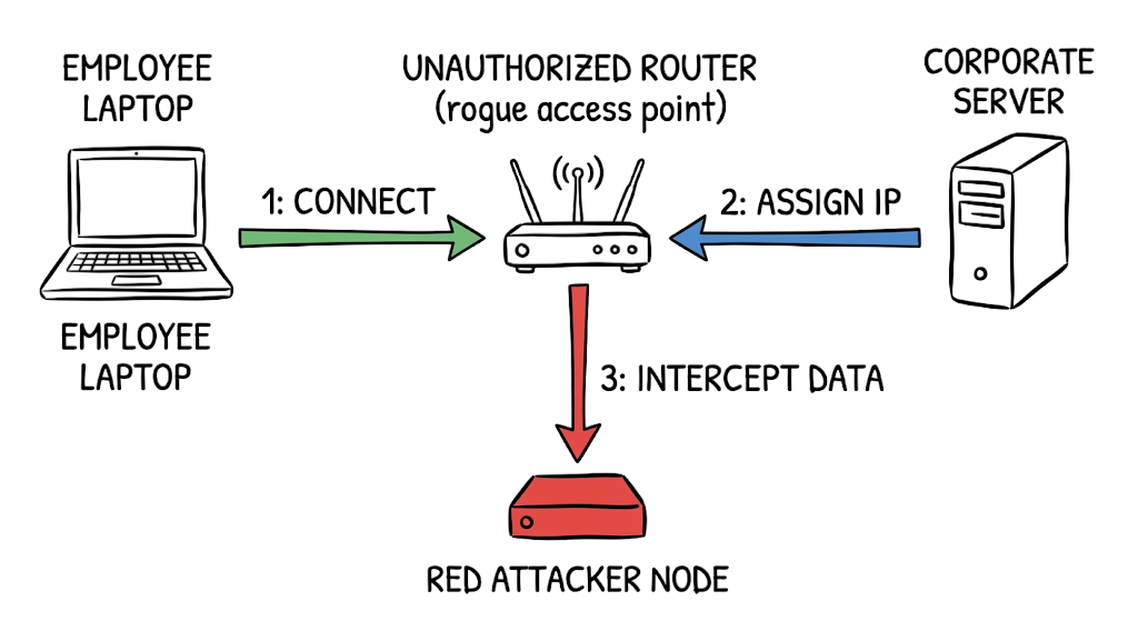 Step by step data flow showing traffic interception during rogue access point attacks.