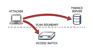 A hand-drawn diagram showing how VLAN hopping attacks in enterprise networks bypass logical boundaries.