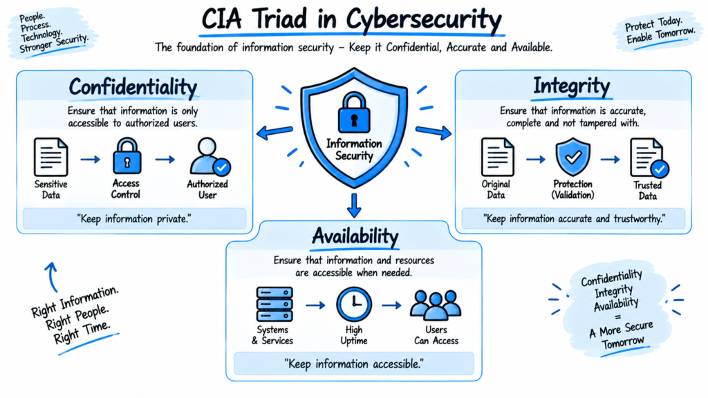 CIA triad showing confidentiality integrity and availability in cybersecurity