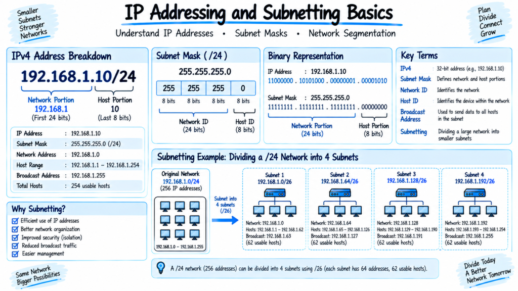 IP addressing and subnetting diagram showing IPv4 address subnet mask network and host portions