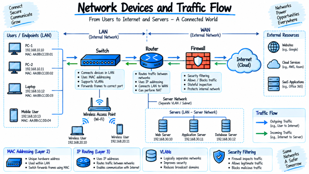 Network topology showing switches routers firewalls servers access points and Internet traffic flow