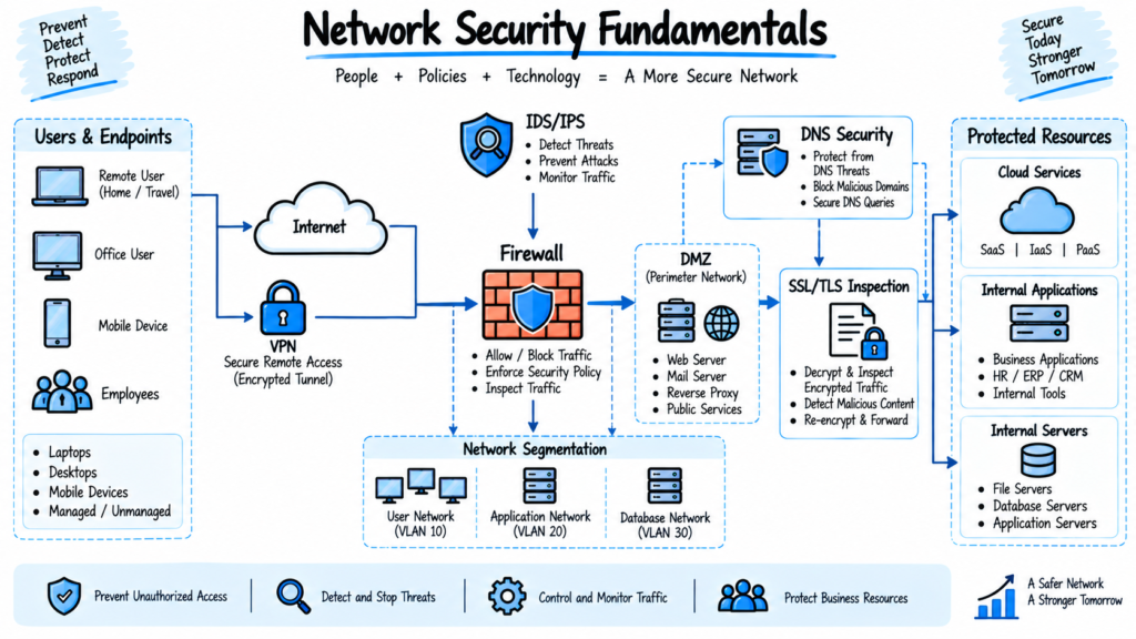 Network security diagram showing firewall IDS IPS VPN DMZ and network segmentation