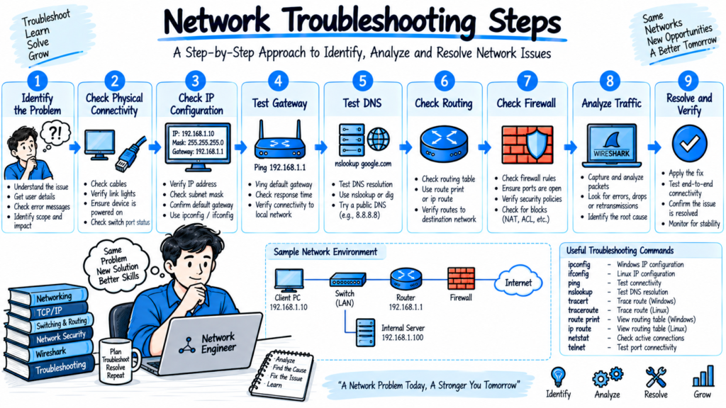Network troubleshooting steps for checking connectivity IP configuration DNS routing firewall and traffic
