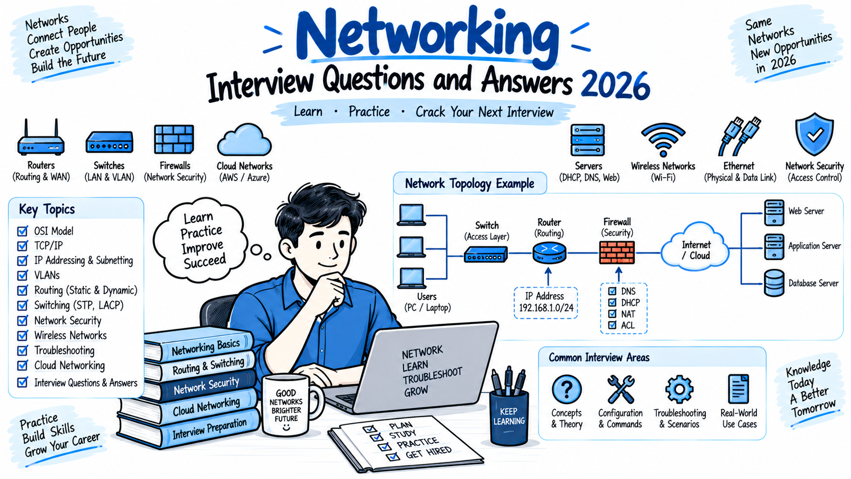 Networking Interview Questions and Answers 2026 preparation with network devices and topology