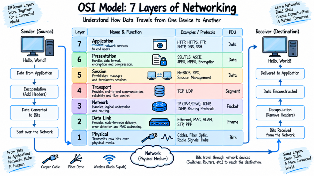 OSI model seven layers showing application transport network data link and physical networking concepts