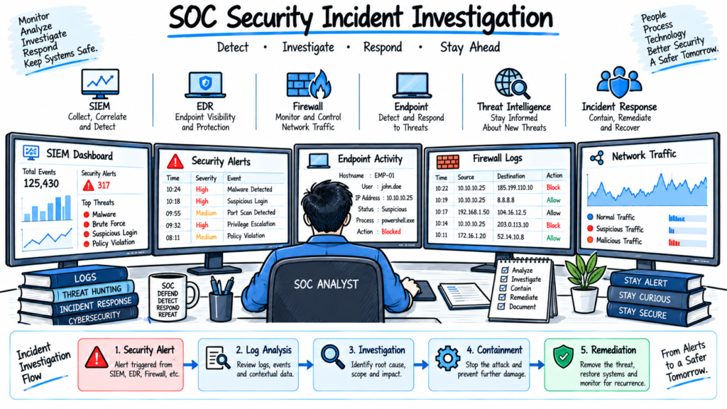 SOC analyst investigating security alerts using SIEM and endpoint security tools