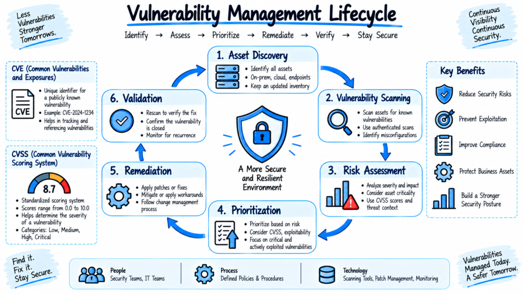 Vulnerability management lifecycle showing scanning assessment prioritization remediation and validation