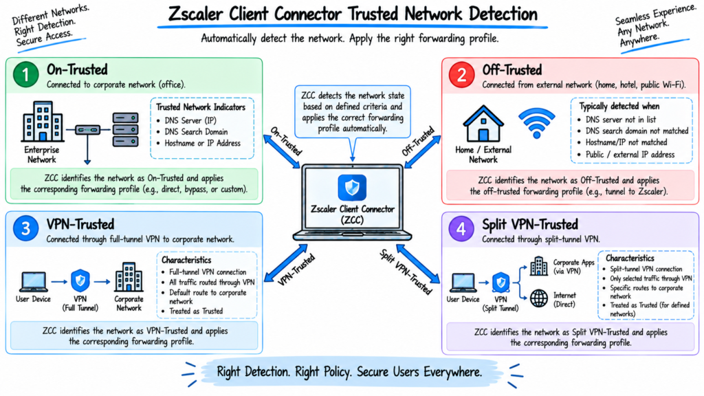 Zscaler Client Connector Trusted Network Detection showing On-Trusted, Off-Trusted, VPN-Trusted, and Split VPN-Trusted