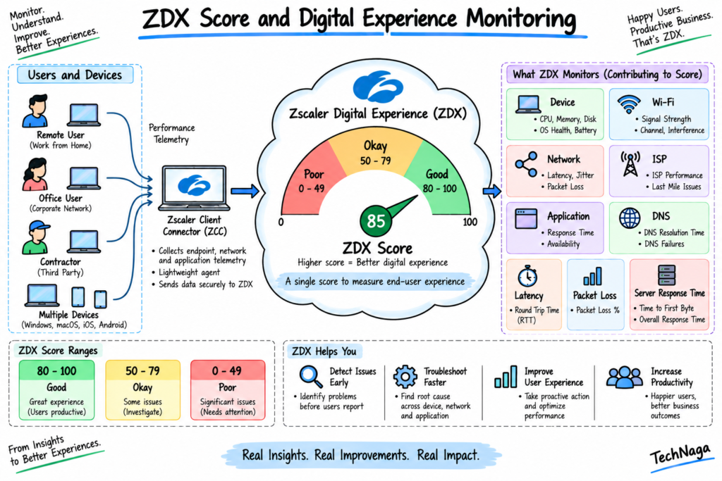 Zscaler Digital Experience ZDX Score diagram showing device, network, ISP, application, latency, packet loss, and user experience metrics.